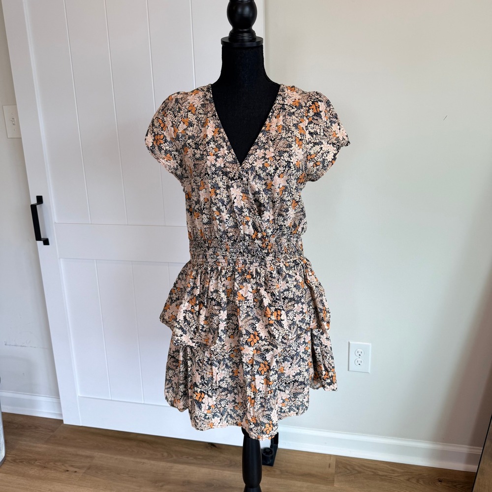 American Eagle Floral Smocked Tiered Mini Dress Large Cotton Linen V-Neck Black